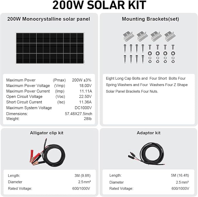 DOKIO 200W Solar Panel Kit 9-Busbar Monocrystalline with Aluminum Frame and MC4, Mounting Brackets, Alligator Clips & 5m Cable for RV, Boat, Roof, Cabin, Off-Grid (Controller Required)