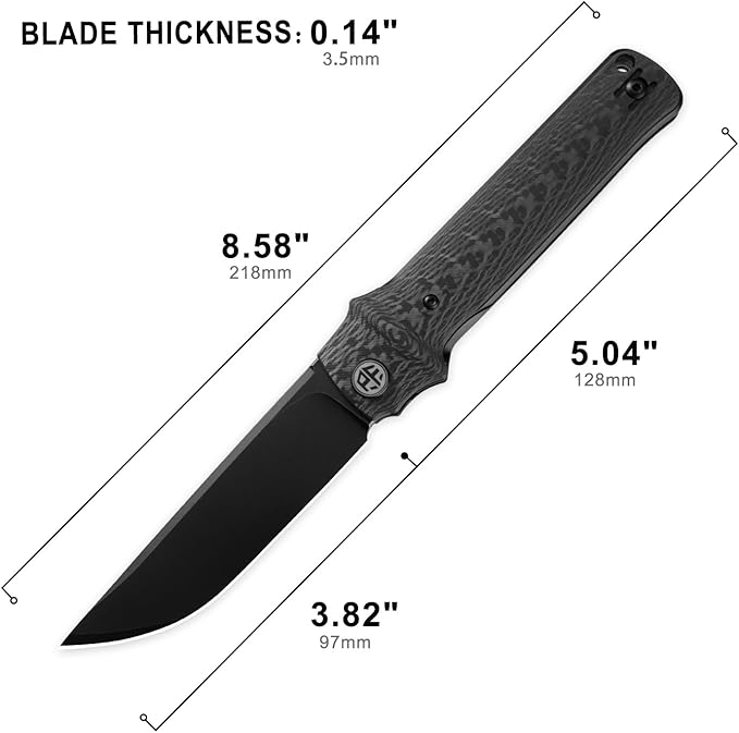 Petrified fish PFB04 Tena Folding Knife, 3.82" D2 Black Stonewashed Blade Carbon Fiber Handle Pocket Knife for EDC Camping Outdoor (Carbon Fiber Black Stonewashed)
