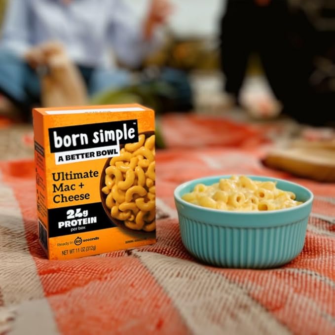 Born Simple Ready to Eat Meals with Sporks, Ultimate Mac and Cheese, Improved Recipe - 24g Protein, Prepared Meal, Microwavable Entree, 11 oz (Pack of 6)