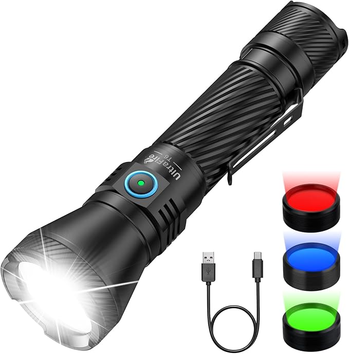 ULTRAFIRE 1800 Lumen LED Flashlight ??4 Color Tactical Light (Red/Green/Blue/White, 4 Modes, Dual Switch, 1804ft Throw, IPX8 Waterproof, with USB-C Cable) ??Hunting & Camping Flashlight T6
