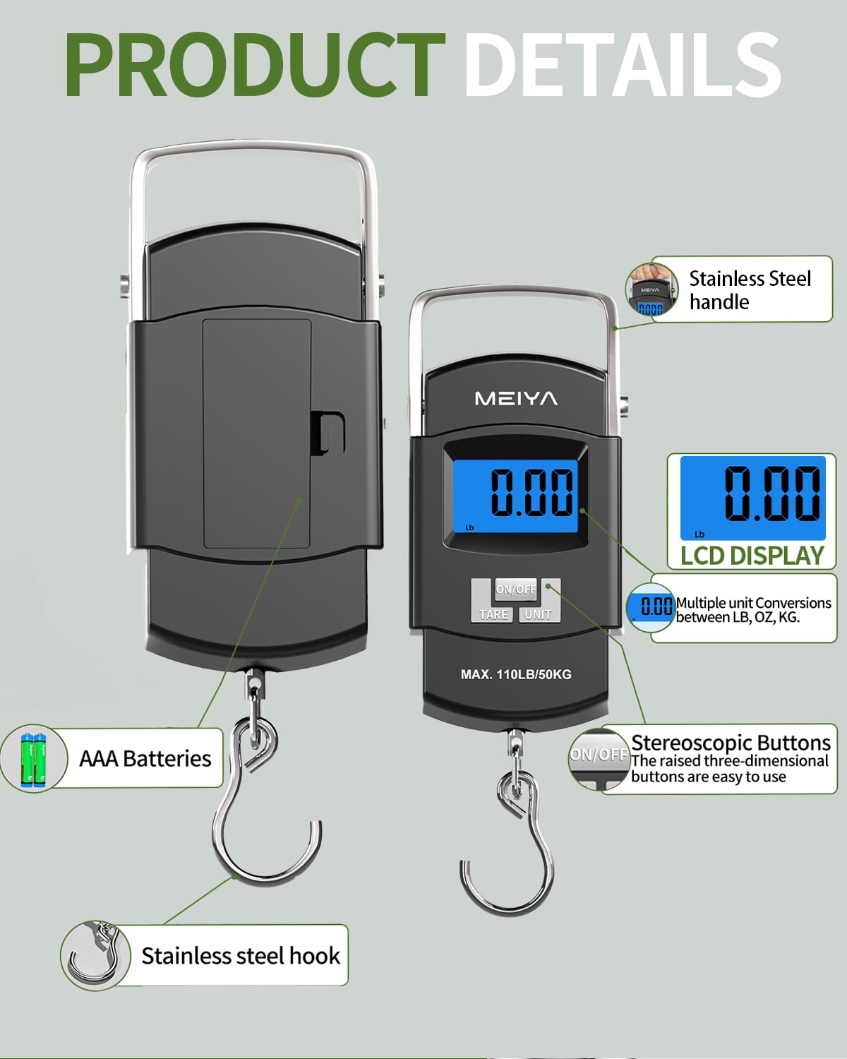MEIYA Fish Scale 110lb/50kg Digital Fishing Scale with Backlit LCD, Portable Handle, Stainless