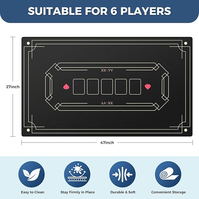 47 x 27 Inch 4-6 Person Small Black Texas Hold'em Poker Mat Portable Poker Table Tops Cards Game Mat Pad Topper Waterproof, Easily Clean & Glide Over, Anti-Slip, Odorless
