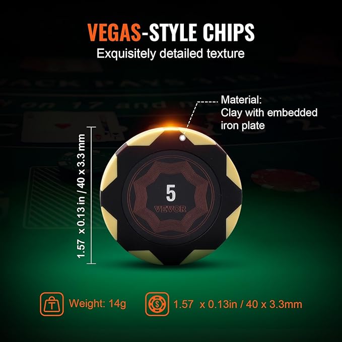 VEVOR Poker Chip Set, 500-Piece Poker Set, Complete Poker Playing Game Set with Carrying Case, Heavyweight 14 Gram Casino Clay Chips, Cards, Buttons and Dices, for Texas Hold'em, Blackjack, Gambling