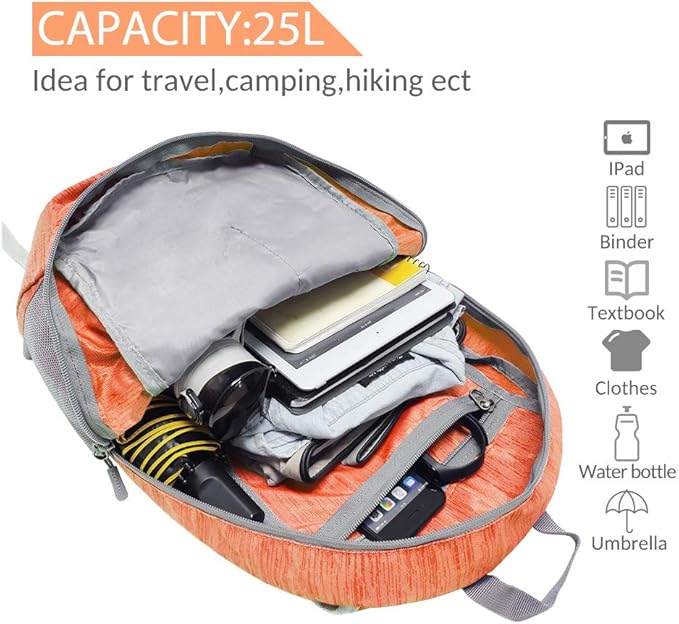 ZOMAKE 25L Ultra Lightweight Packable Backpack, Foldable Hiking Backpacks Water Resistant Small Folding Daypack for Travel(Orange)