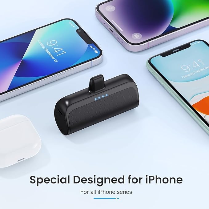 [2 Pack]Mini Portable Charger for iPhone,5200mAh Ultra-Compact Fast Charging Power Bank Cordless Cute Small Battery Pack Compatible with iPhone 14/14 Pro Max/13/13 Pro/12/11/XR/8/7/6(Black+Black)