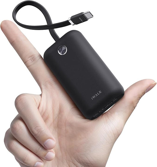 iWALK Mini Portable Charger 10,000mAh, 22.5W USB-C Fast Charging Power Bank with Built-in Cable, Travel Essential Ultra-Small Battery Pack Compatible for iPhone 17/16/16 Pro/15, Samsung, Google, Black