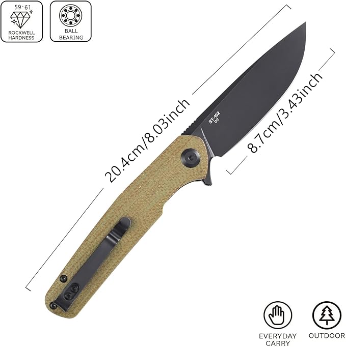 Sitivien ST102 Folding Knife, D2 Steel Blade+Micarta Handle EDC Tool Knife for Outdoor, Camping, Hunting, Survival (Green) …