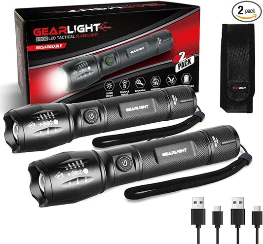 GearLight S1000 LED Tactical Flashlight - High Lumens, USB-C Fast Charging, Dual-Button, IPX4 Water-Resistant, Pocket-Sized for Camping & Emergencies with Batteries - 2 Pack, (Rechargeable)