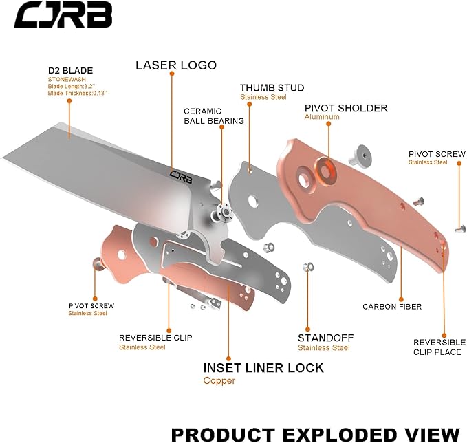 CJRB Crag Folding Pocket Knife, 3.43" D2 Steel Blade Copper Handle EDC Knife with Pocket Clip for Men Women Camping Survival Hiking, Stone Wash (J1904)