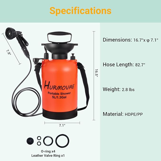 1.3 Gallon/5L Portable Shower–10 Spray Modes, Nylon Insulated Sleeve & No Electric Needed, Beach Shower for Surfing, Travel & Hiking, Portable Water Sprayer, Orange