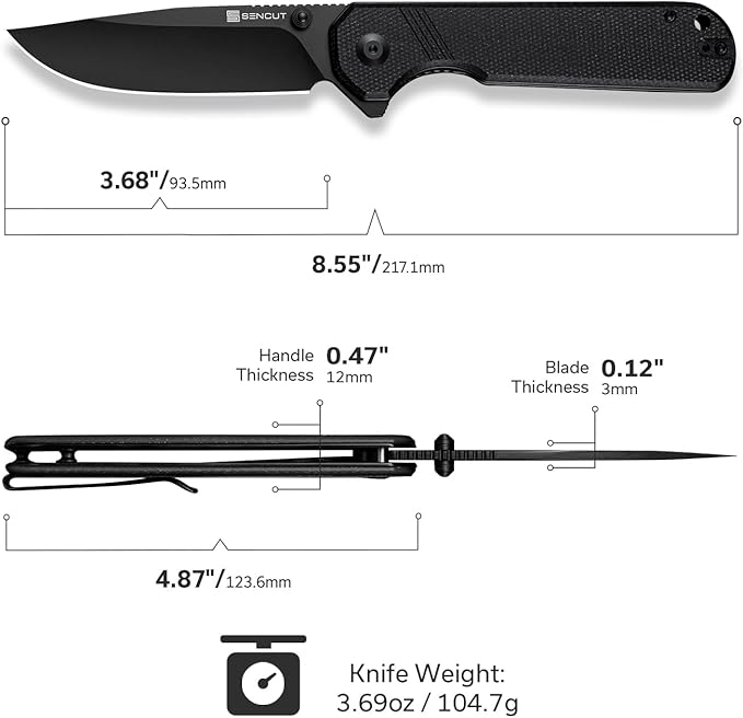 SENCUT Aetheris Pocket Knife, EDC Folding Knife with 3.68'' 9Cr18MoV Blade & Canvas Micarta Handle, Reversible Clip for Camping Hiking S24095-3(Black)