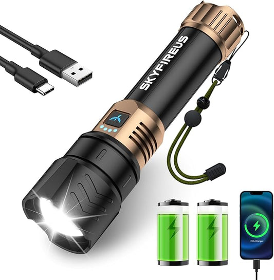 SKYFIRE LED Flashlights High Lumens,10000mAh Super Bright Rechargeable Flashlight,Zoomable,Four Modes,Waterproof Flash Light for Camping Essentials,Outdoor and Home Emergencies-No Lens