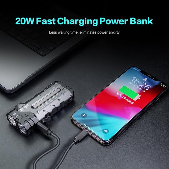 4360 Lumens Flat Flashlight SK05 Pro(5700K) with 8000mAh Power Bank, Portable Rechargeable EDC Flashlight with Floodlight, Spotlight & Sidelight Idea for Outdoors Hiking Emergency