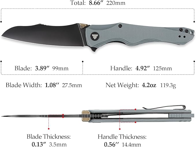 Knives, EDC Folding Knife for Men, Flipper Pocket Knife with Clip, Sharp Camping Survival Hiking Knives, G10 Handle and Ti Thumb Studï½?.89'' PVD Blackwash 14C28N Blade｜Triton-03B