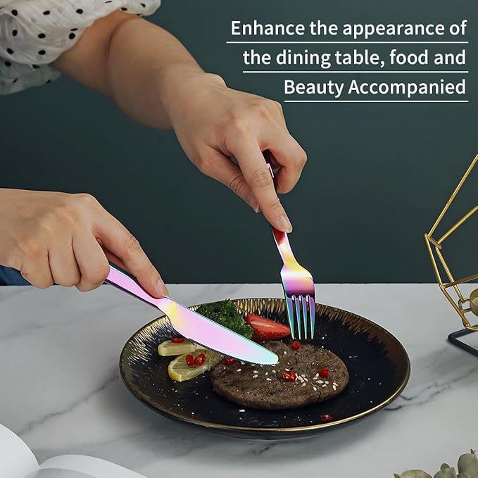 Evanda Portable Silverware Set Set of 2 Packs, Include Knife Fork Spoon, Rainbow Titanium Plating Cutlery Set With Black Bag, For Home Kitchen Camping Travel, Dishwasher Safe