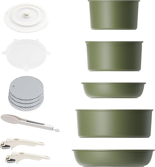 Caannasweis Detachable Nonstick Cookware Set - Stackable Induction Pots and Pans With Removable Handles, Dishwasher Safe - For RV Camping, Oven and Stovetop Use, 5 Pieces (Green)