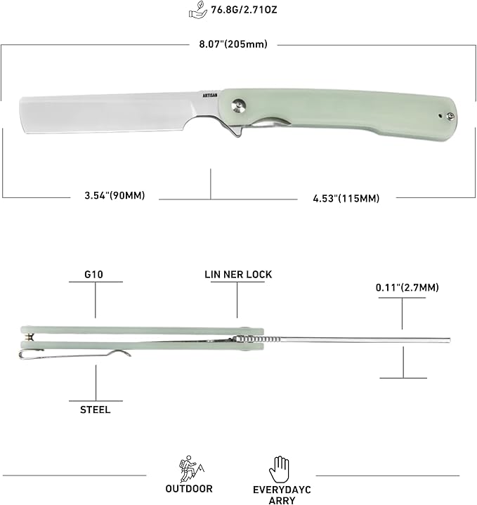 ARTISANCUTLERY Orthodox V2 Pocket Knife, 3.54" AR-RPM9 Steel Blade G10 Handle Folding Knife for Camping Hiking, 1883P Natural Green(New Version)