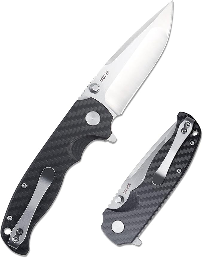Men's Folding Pocket Knife – 3.4" Sandvik 14C28N Blade Carbon Fiber Handle Ceramic Bearings Liner Lock Deep Pocket Clip – EDC Knife for Outdoor Hiking Survival Use