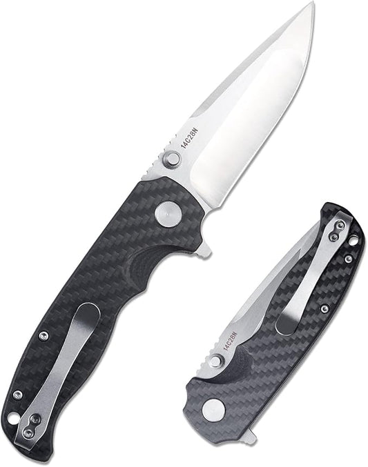 Men's Folding Pocket Knife – 3.4" Sandvik 14C28N Blade Carbon Fiber Handle Ceramic Bearings Liner Lock Deep Pocket Clip – EDC Knife for Outdoor Hiking Survival Use
