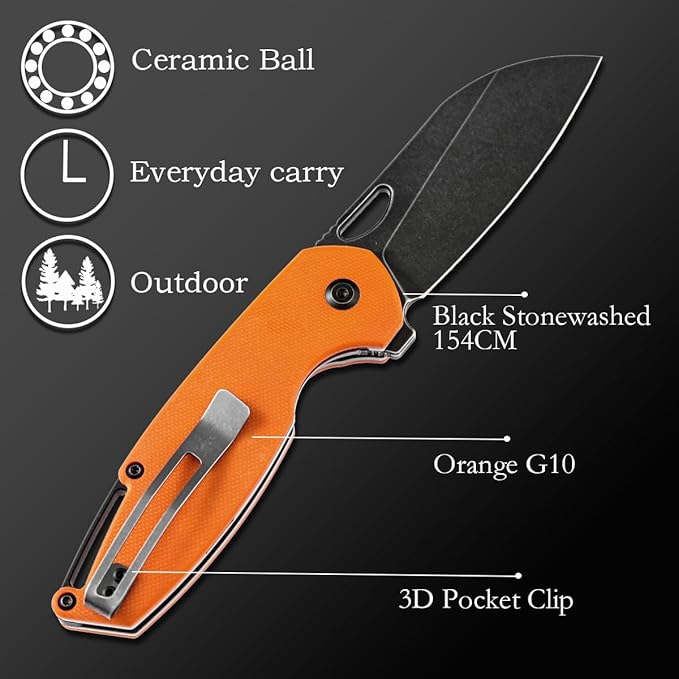 KANSEPT Model 6 Pocket Folding Knife, 3.1'' 154CM Material Orange G10 Handle Everyday Carry Folding Knife T1022A4