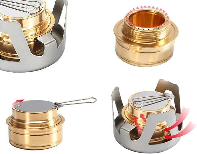 Mini Alcohol Backpacking Stove, Lightweight Brass Spirit Burner with Aluminium Stand for Camping Hiking and Picnic