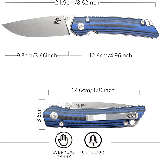 Sitivien ST128 Folding Knife,D2 Blade G10 Handle Safety Liner Lock EDC Tool Knife for Outdoor Hiking Camping-Blue