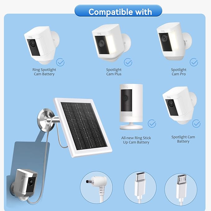 Ring Solar Panel Charger 5W Solar Panel for Security Camera Compatible for Ring Camera Waterproof Solar Panel with Type-C, Micro USB and DC Port Cable for Most Cameras