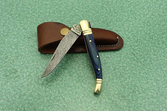 Laguiole Folding Damascus steel knife, 8.6" Long with 4" hand forged custom twist pattern Blade. Blue colored wood with brass bolster, Cow hide leather sheath included