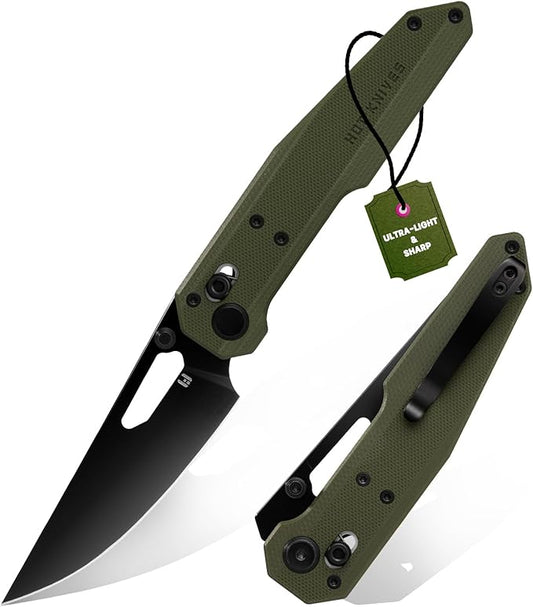 Sharplyn Folding Pocket Knife, 3.6" 14C28N Steel Blade with Black PVD Non-Slip OD Green G10 Handle Lightweight EDC Knife for Men Women Sharp Clip-On Knives for Camping Survival Hiking