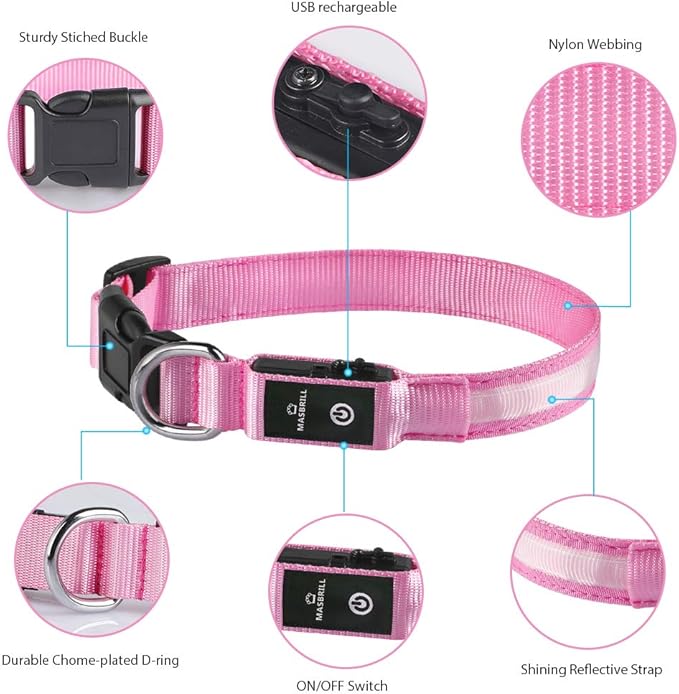 MASBRILL Light Up Collar, Glow LED Rechargeable Flashing Night Walking Collar - Waterproof, 4 Colors, 3 Sizes for Small to Large Dogs
