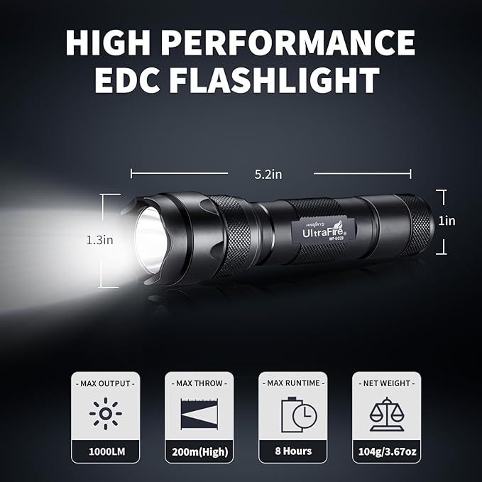 ULTRAFIRE Tactical Flashlight with Holster Pouch, 1000 Lumen Single Mode Police Flashlight for Duty Belt, Super Bright EDC Flash Light with Belt Holster, WF-502B