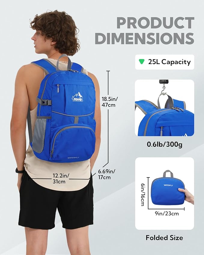 WATERFLY Hiking Foldable Daypack Backpack: 25L Ultra Lightweight Waterproof Day Pack for Woman Man - Small Compact Packable Folding Back Pack for Outdoor Sport Cycling Biking Travel Trip - Blue