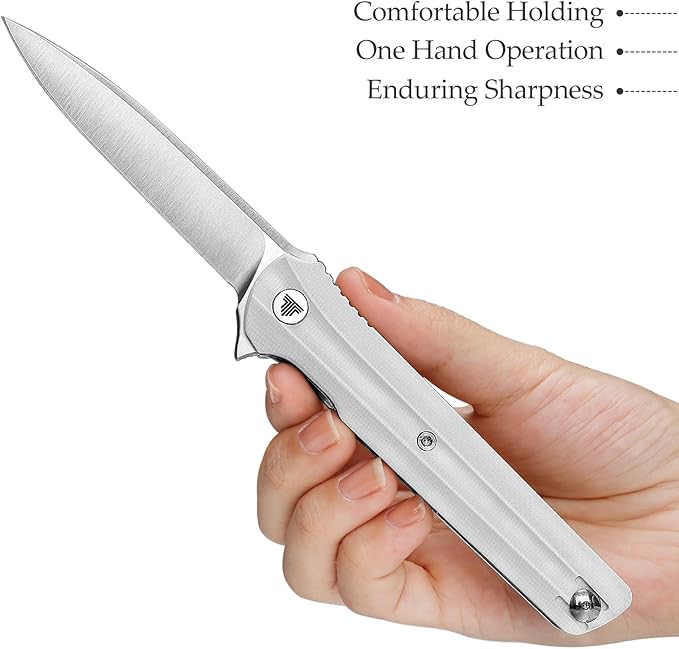 EDC Pocket Knife for Men,Folding Knives with Reversible Clip,Liner Lock 3.4'' Satin 14C28N Steel Blade,White G10 Handle,Seagull-W