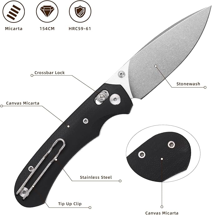 Folding Knife,Pocket Knife,3.31??154CM Blade,Erogonomic Canvas Micarta Handle,Survival Camping Knife with Pocket Clip,EDC Knife for Camping, Hunting, Hiking, Survival,Black
