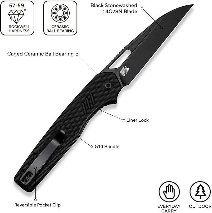 CIVIVI Guile Pocket Knife, Folding Knife for EDC, 3.25" Swedish 14C28N Blade G10 Handle with Reversible Deep-Carry Clip C24062B-1 (Black)