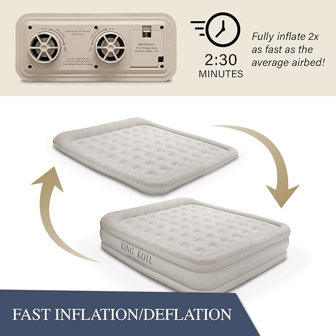King Koil Luxury California King Air Mattress with Built-in Pump for Home, Camping & Guests - 20??King Size Inflatable Airbed Luxury Double High Adjustable Blow Up Mattress, Durable Waterproof