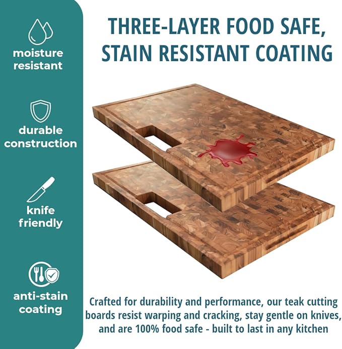 EcoDecors, Teak End Grain Cutting Board 29"x18", Solid FSC Teakwood Carving Board with Juice Groove, Handles & Waste Disposal, Butcher Block Cutting Board for Kitchen, BBQ, and Stove-Top Prep