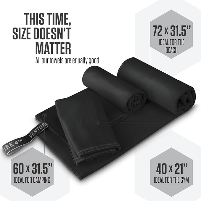 VENTURE 4TH - 4pcs Quick Dry Towels. Microfiber Travel Towels. Lightweight & Fast Drying Travel Towels for Body. Compact & Easy to Pack - 4 Pack Black Extra Large