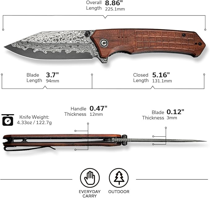 CIVIVI Tacticorix Pocket Knife for Men Women, EDC Flipper Folding Knife with 3.7" Damascus Blade Wood Handle for Camping Hunting C23055-DS1 (Wood)