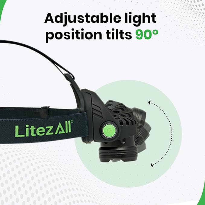 LitezAll LED Headlamp Work Light, 800 Lumen Adjustable Battery Powered Head lamp with 3 Modes, Weather Resistant Head Lamps Flashlight for Camping, Running, Hiking, Hard Hats ??Batteries Included