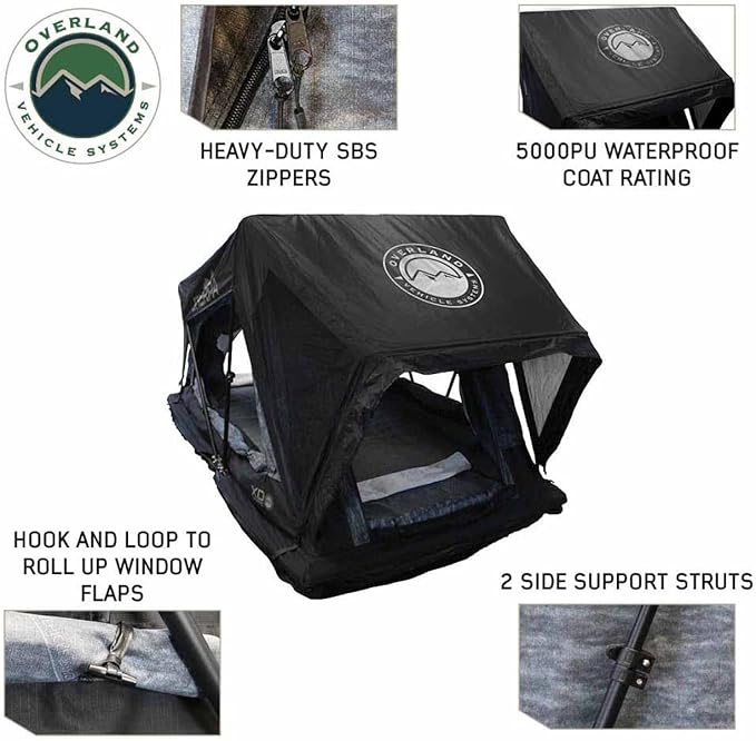 Overland Vehicle Systems XD Sherpa Soft Shell Aluminum Hard Shell Hybrid Roof Top Tent with Blackout Kit - Grey Body & Black Rainfly