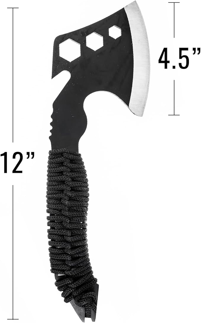 ASR Outdoor 12 Inch Full Tang Steel Axe Hatchet with Gut Hook Hex Holes Paracord Handle and Sheath, Black