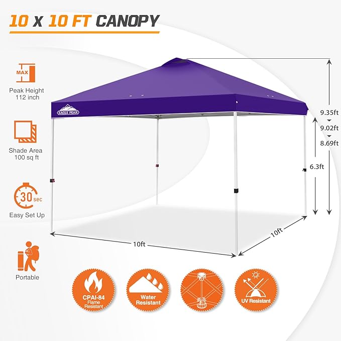 EAGLE PEAK Pop Up Canopy Tent with Wheeled Carry Bag, 8 Stakes, 4 Ropes, 4 Weight Bags, Easy Set Up Tent Canopy, 10x10 ft, 100sqft of Shade, Purple