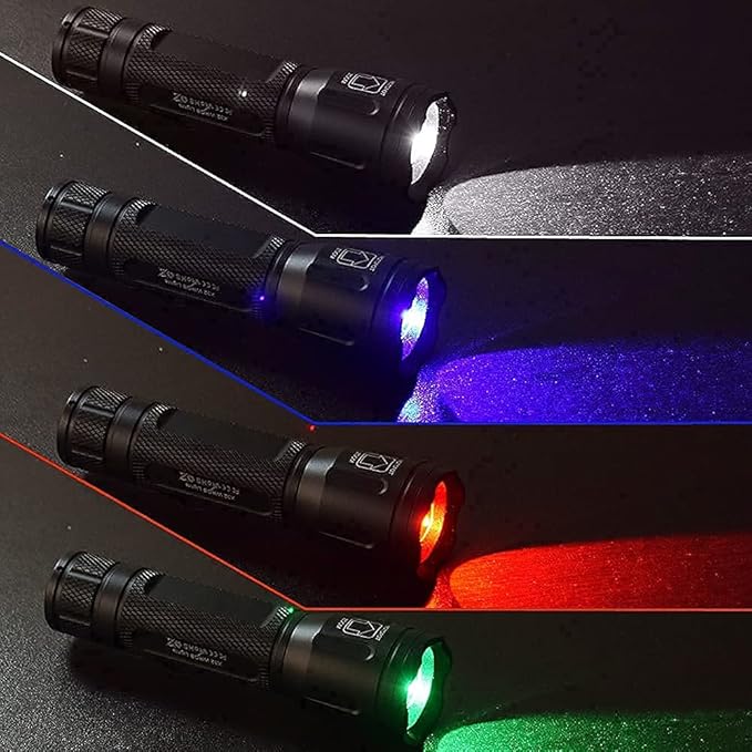4 in 1 Multicolor Tactical Flashlight, Can Zoom White Blue Green Red Light, RGB Waterproof Handheld Torch with Clip, Suitable for Night Hunting Light, Fishing, Camping Hiking