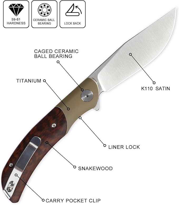Petrified fish PFP09 Hourglass Folding Knife,3.54" K110 Steel Satin Blade, 3.88oz Titanium and Snakewood Handle Pocket knife for Camping Outdoor EDC (Snakewood Satin)