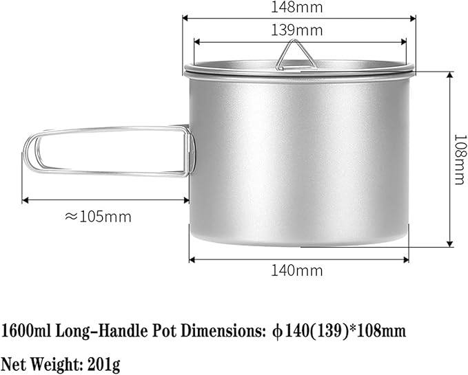 Titanium Pot 900ml & 1100ml & 1600ml Lightweight Camping Cookware for Outdoor Hiking Backpacking Travel, Non-Toxic Druable Cooking Pot with Lid & Folding Handle