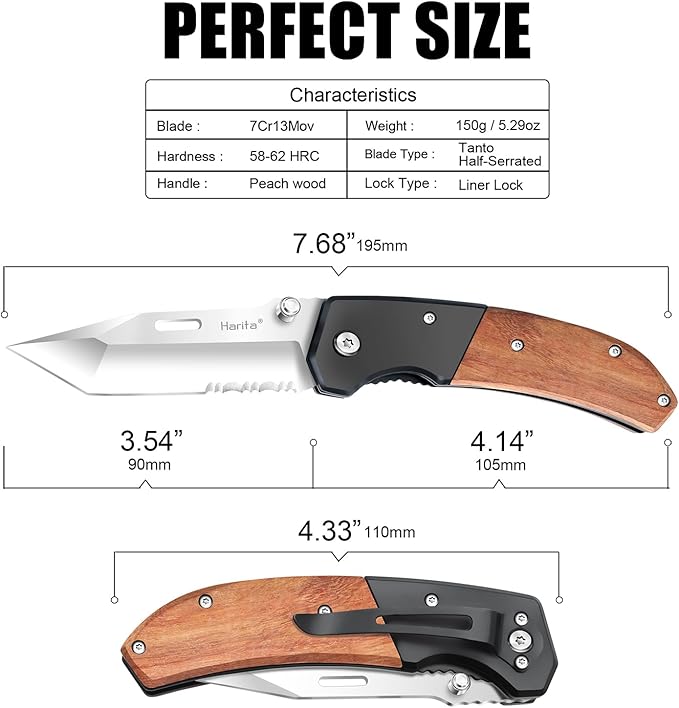 Harita Pocket Knife for Men, Folding Utility with Pocket Clip, Wood Handle EDC for Women with 3.4″ Sliver Serrated Steel Blade, Camping Knife, Hunting, Hiking - Father's Day Gift (Sliver, 3.4 inch Half Serrated Blade)