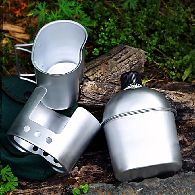 Camping cookware Set, 3pcs Cookware Set Aluminum Canteen Cup Wood Stove Set with Cover Bag for Camping Hiking Backpacking