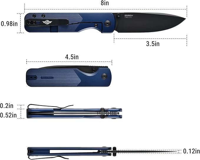 OKNIFE Duron Folding Pocket Knife, 3.5" PVD Coated Nitro-V Steel Blade, Frame Lock Lightweight O-Aluminum Ambidextrous Handle with Clip, Ideal EDC Tool for Outdoor, Camping & Survival (Navy Blue)