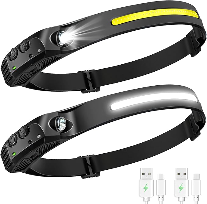 AURUZA 2PCS Headlamp Flashlight, Rechargeable LED Headlamps 2 COB 230°Wide Beam Headlight with Motion Sensor Bright 5 Modes Lightweight Waterproof Head Lamp for Outdoor Running, Camping Hiking